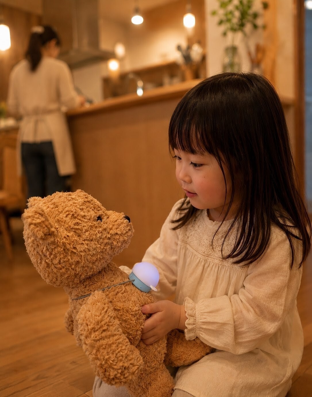 ぬいぐるみとお話しする女の子と、夕方のキッチンに立つお母さん