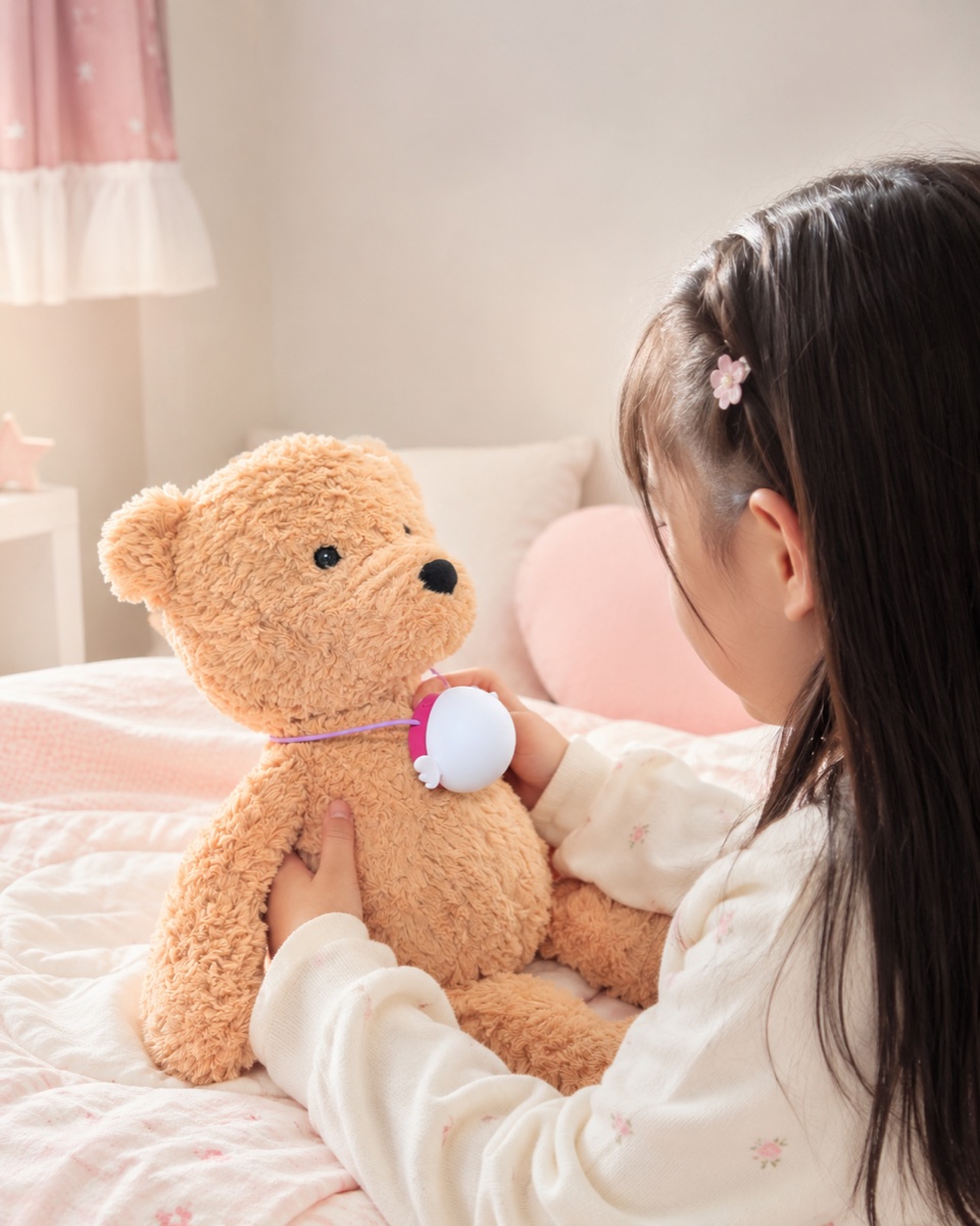ぬいぐるみにcocoloaのピンクネックレスを付ける女の子